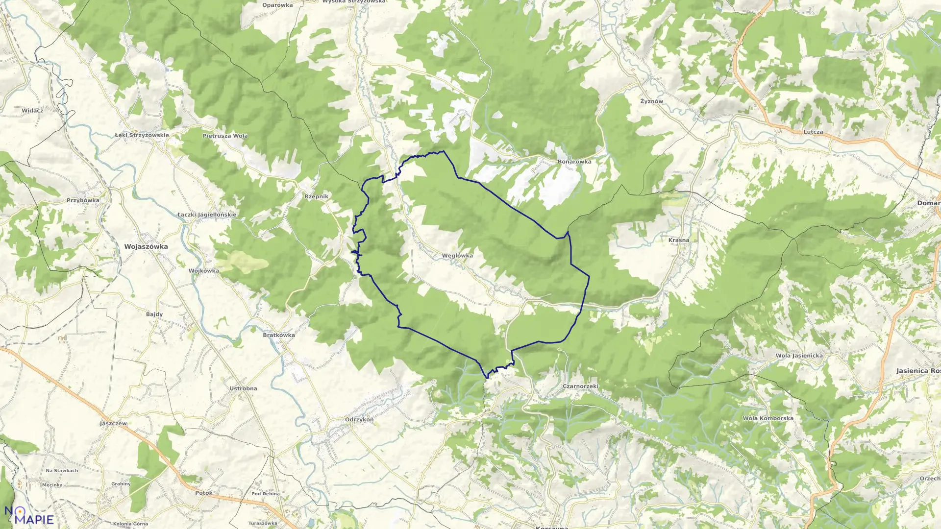 Mapa obrębu Węglówka w gminie Korczyna